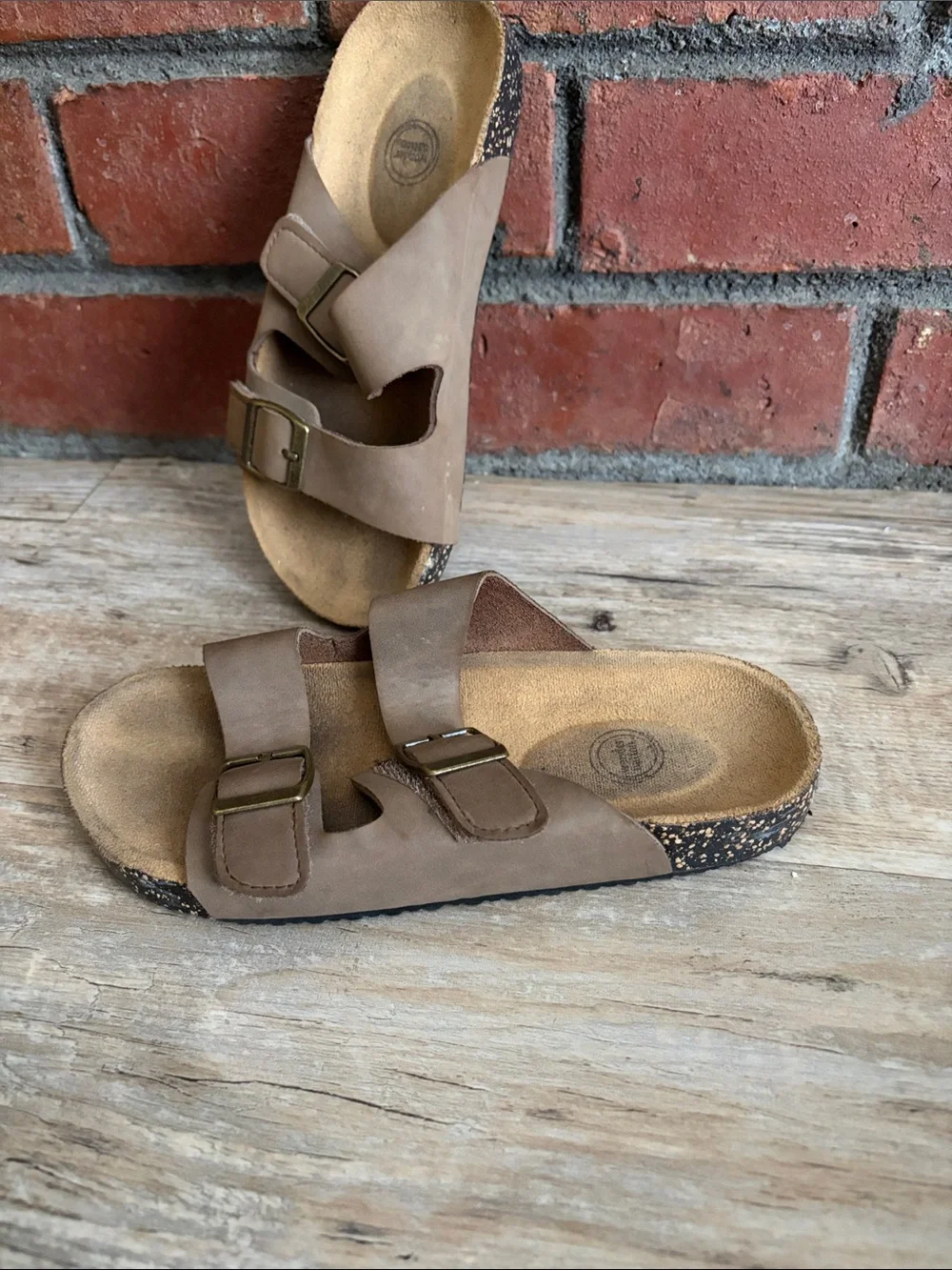 wonder nation Brown Double-Buckle Slide Sandals - Kids